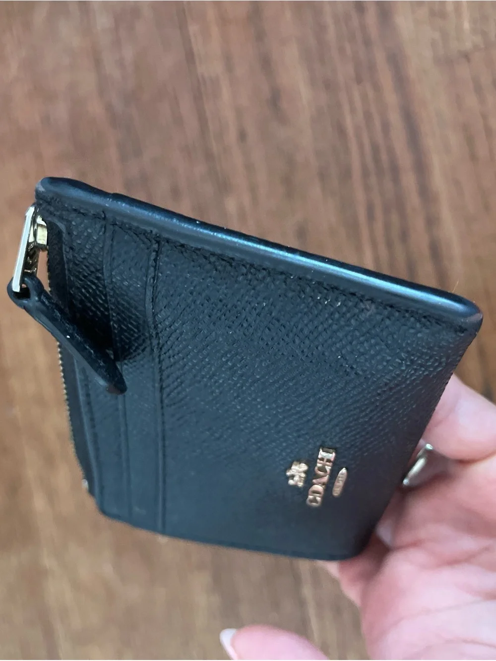 COACH Black Pebbled Leather Zip Card Wallet with Gold Logo